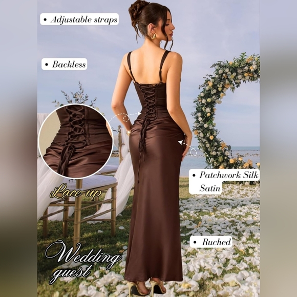 Dresses & Skirts - Elegant Brown Satin Lace-Up Dress